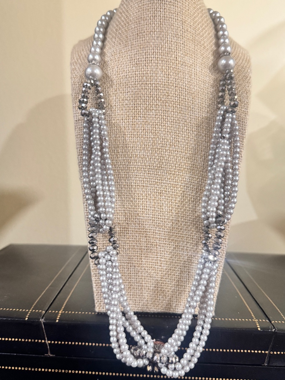 Vintage Multi-Strand Beaded Statement Necklace in Gray & Silver